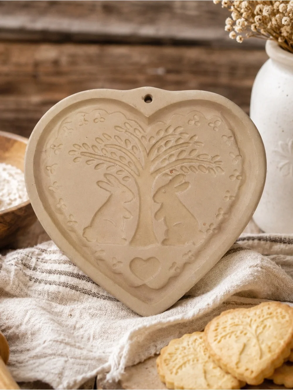 Vintage Brown Bag Cookie Art Heart Bunny Cookie Mold Stoneware Springerle  1989
